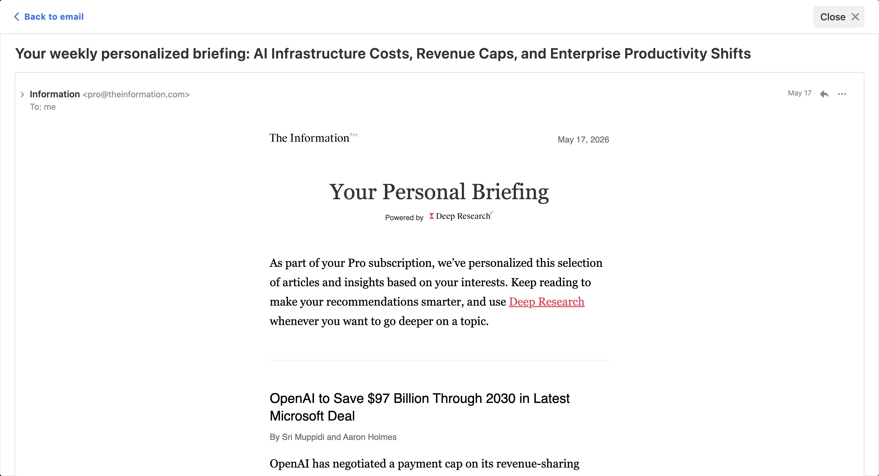 Your Personal Briefing email, powered by Deep Research